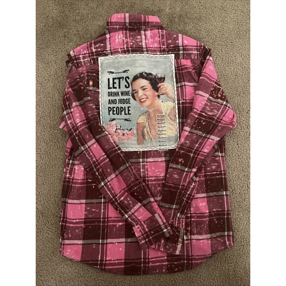Angry Minnow Flannel Shirt Large Pink Let's Drink Wine and Judge People Womens - Picture 1 of 6